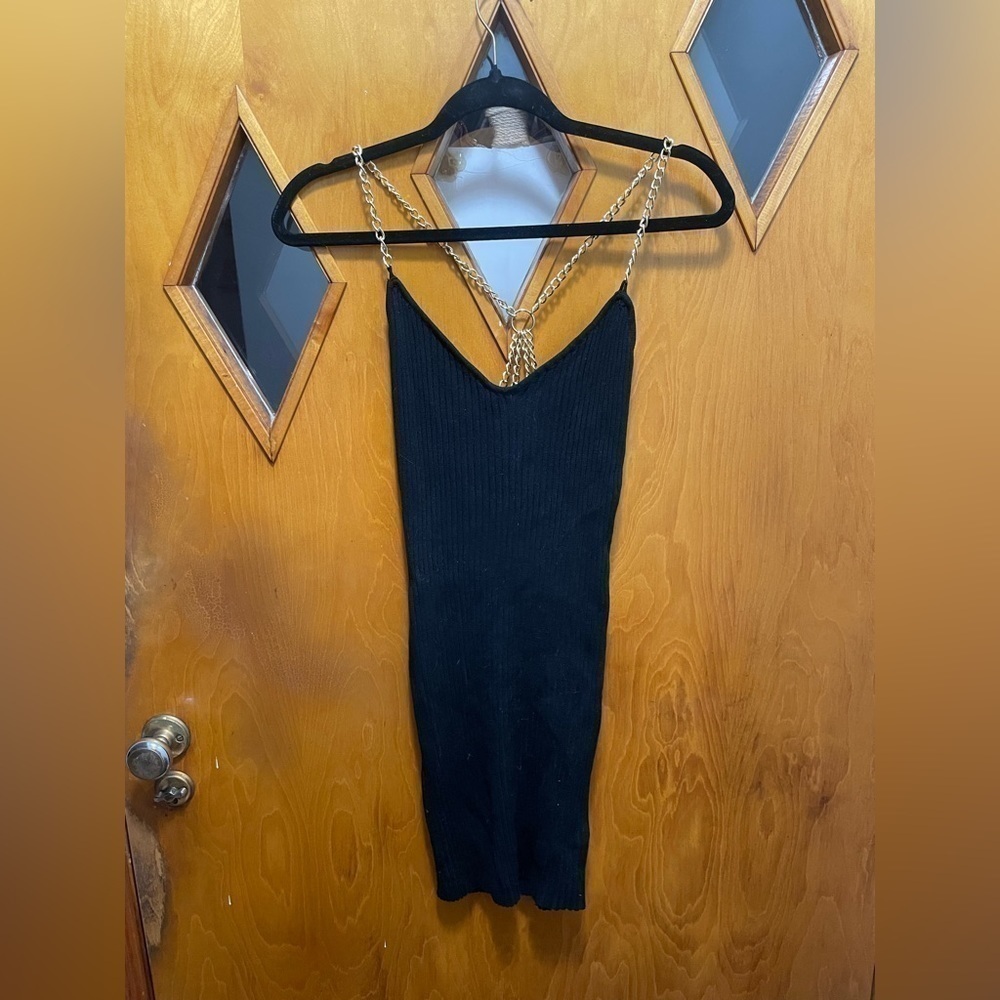 NWT 36 Point 5 Ribbed Black Mini Dress with Chain Link Back